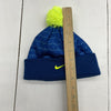 Nike Blue Geometric Design Beanie With Green Pom Pom Kids One Size