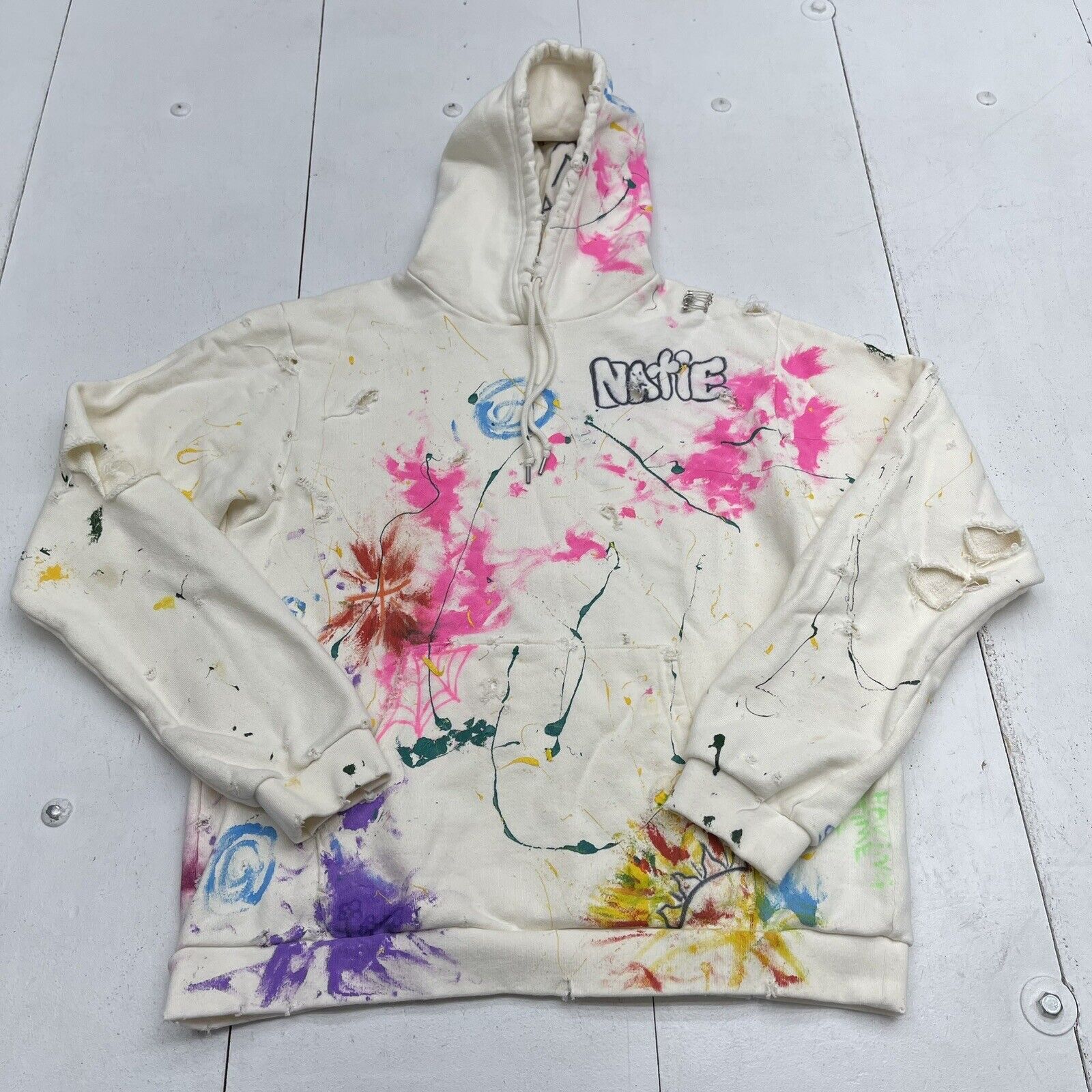 John Elliott White Paint Splatter Distressed Custom Hoodie Mens