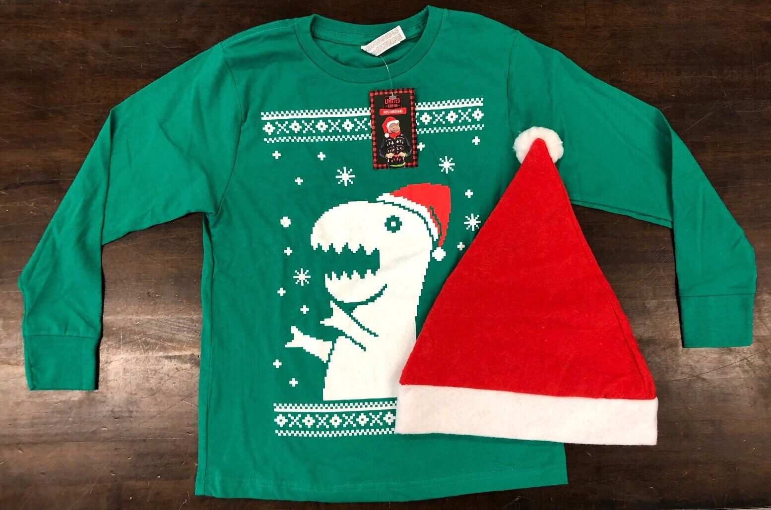 Live And Tell T-Rex Green Long Sleeve Shirt/Santa Hat Set Youth Size XLarge New*