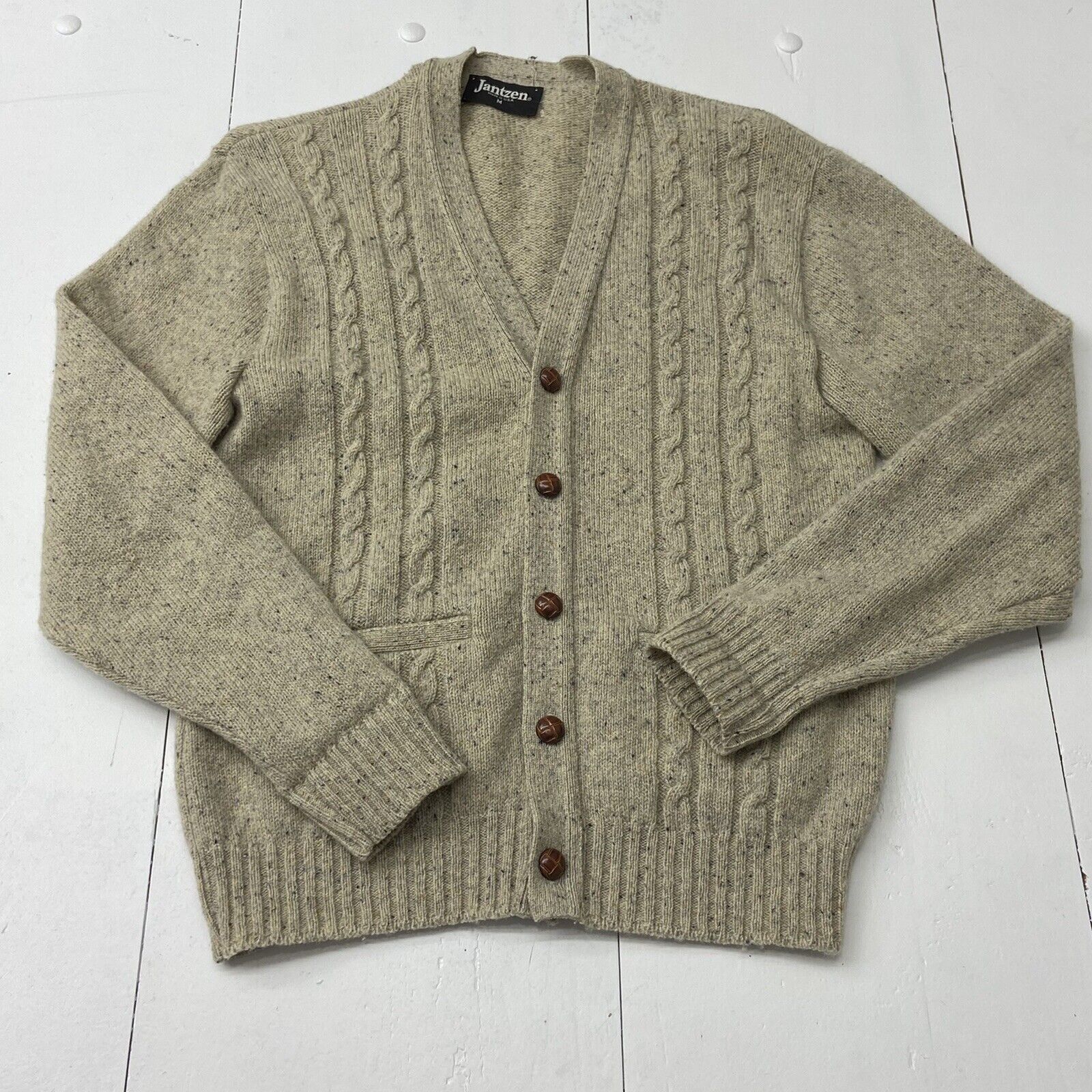 Vintage Jantzen Beige Button Up Cardigan Sweater Men Size Medium Made In USA