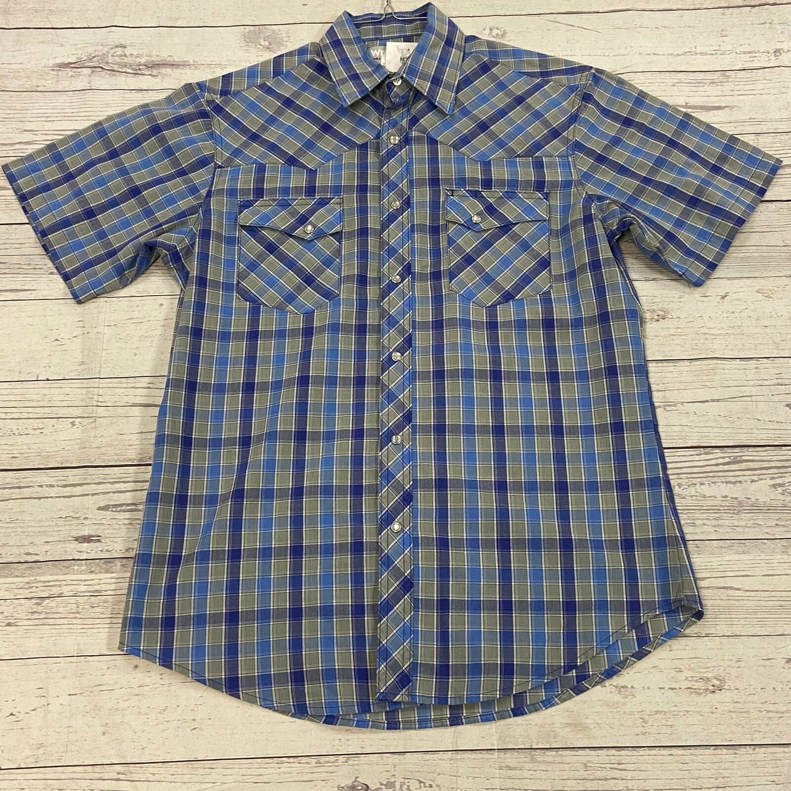 Vintage Wrangler Blue Plaid Short Sleeve Pearl Snap Western Shirt Men Size M