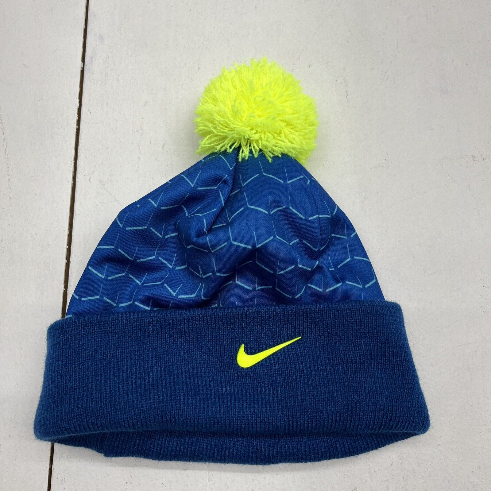 Nike Blue Geometric Design Beanie With Green Pom Pom Kids One Size