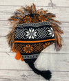 KNIT HAT AND GLOVE SET ONE SIZE  Fleece lined Black And Orange White Snowflakes