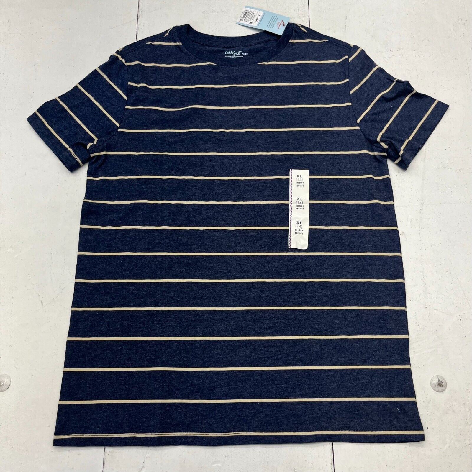 Cat & Jack Navy Blue Striped Short Sleeve T-Shirt Boys Size X-Large (14) NEW