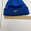 Nike Blue Geometric Design Beanie With Green Pom Pom Kids One Size