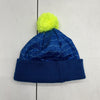 Nike Blue Geometric Design Beanie With Green Pom Pom Kids One Size