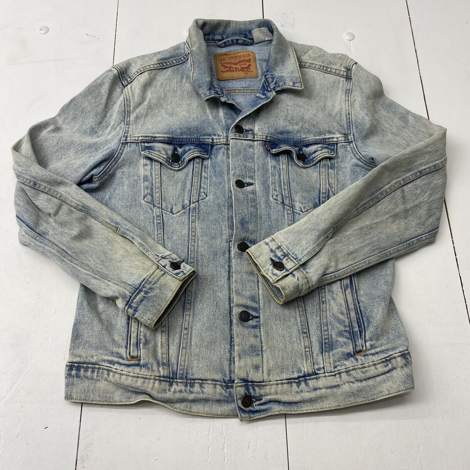 Vintage Levi’s Blue Denim Acid Wash Distressed Jean Trucker Jacket Men Size  L