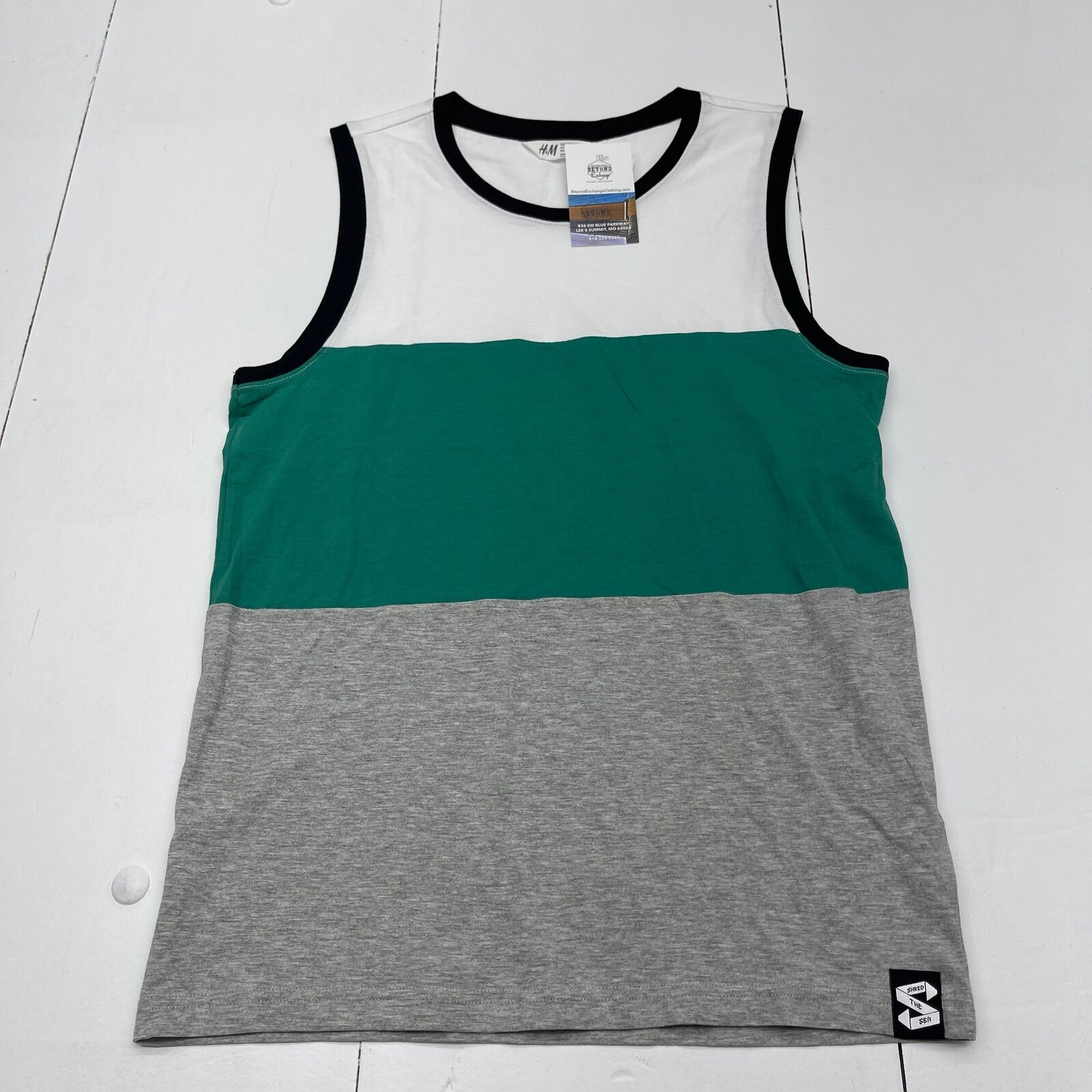 H&M White Green Gray Color Block Stripe Tank Top Youth Boys Size 14 New