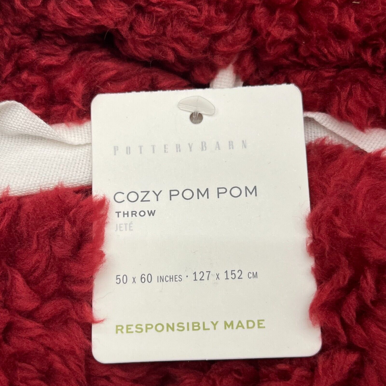 Pottery Barn Red Cozy Pom Pom Throw Blanket 50in x 60in NEW