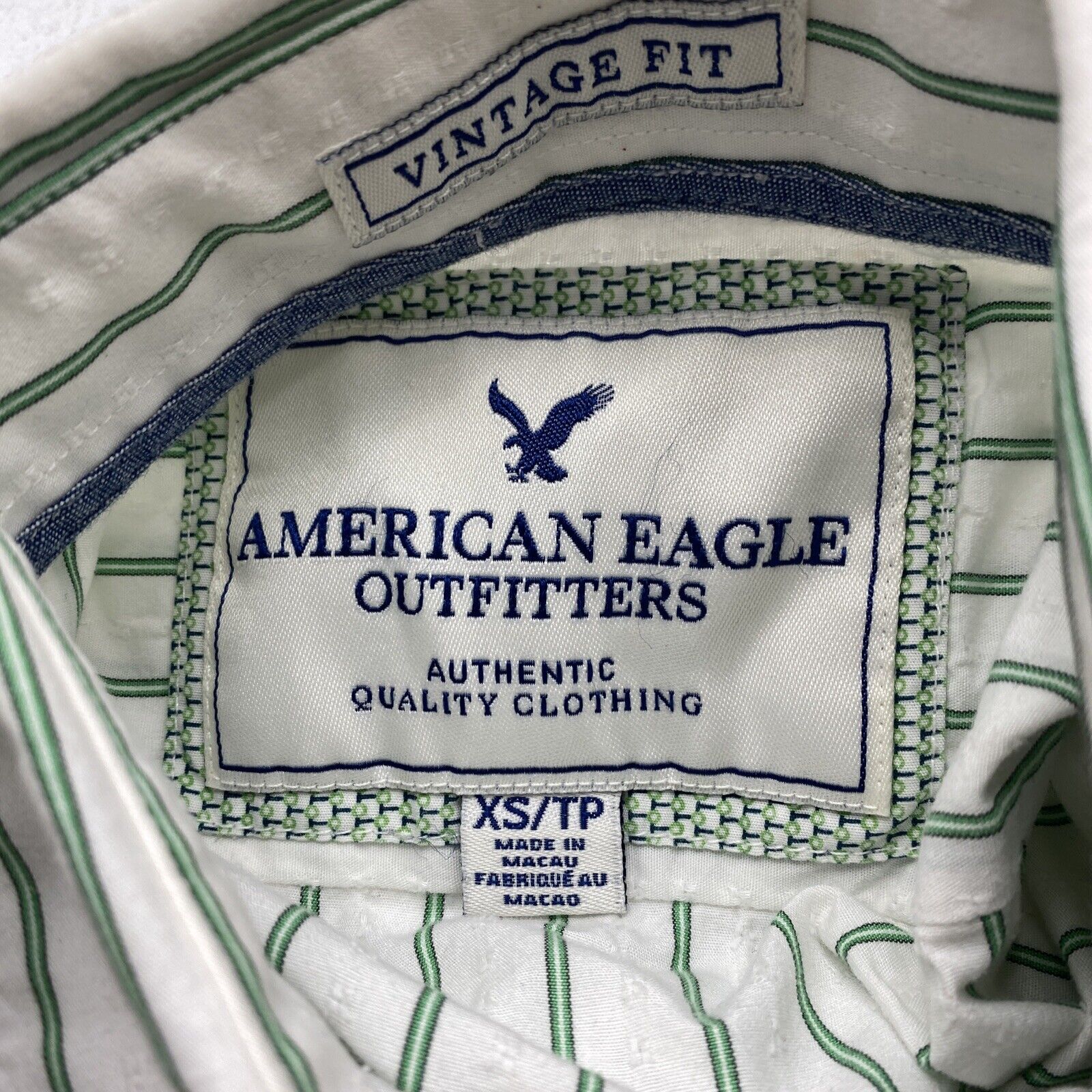 American Eagle Green/White Striped Long Sleeve Button Up Shirt