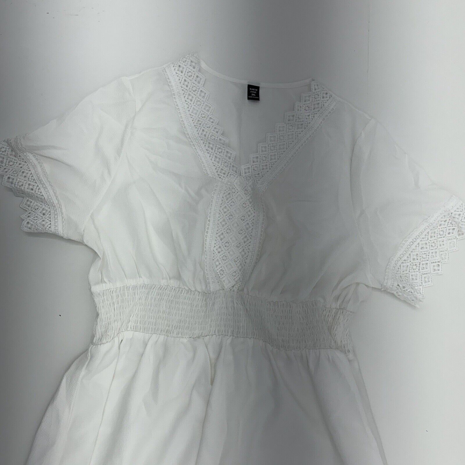 SHEIN Curve White Dress Full Length Lace Hem Detail Short Sleeve Women -  beyond exchange