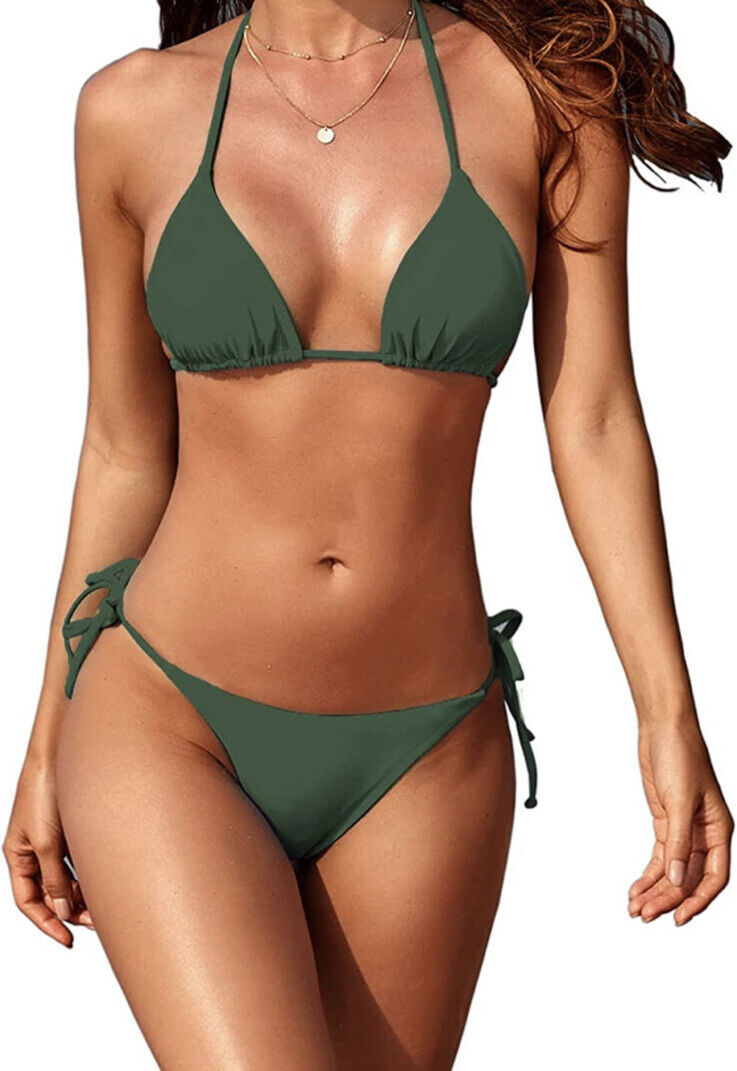 Monki ribbed triangle bra and thong in khaki green