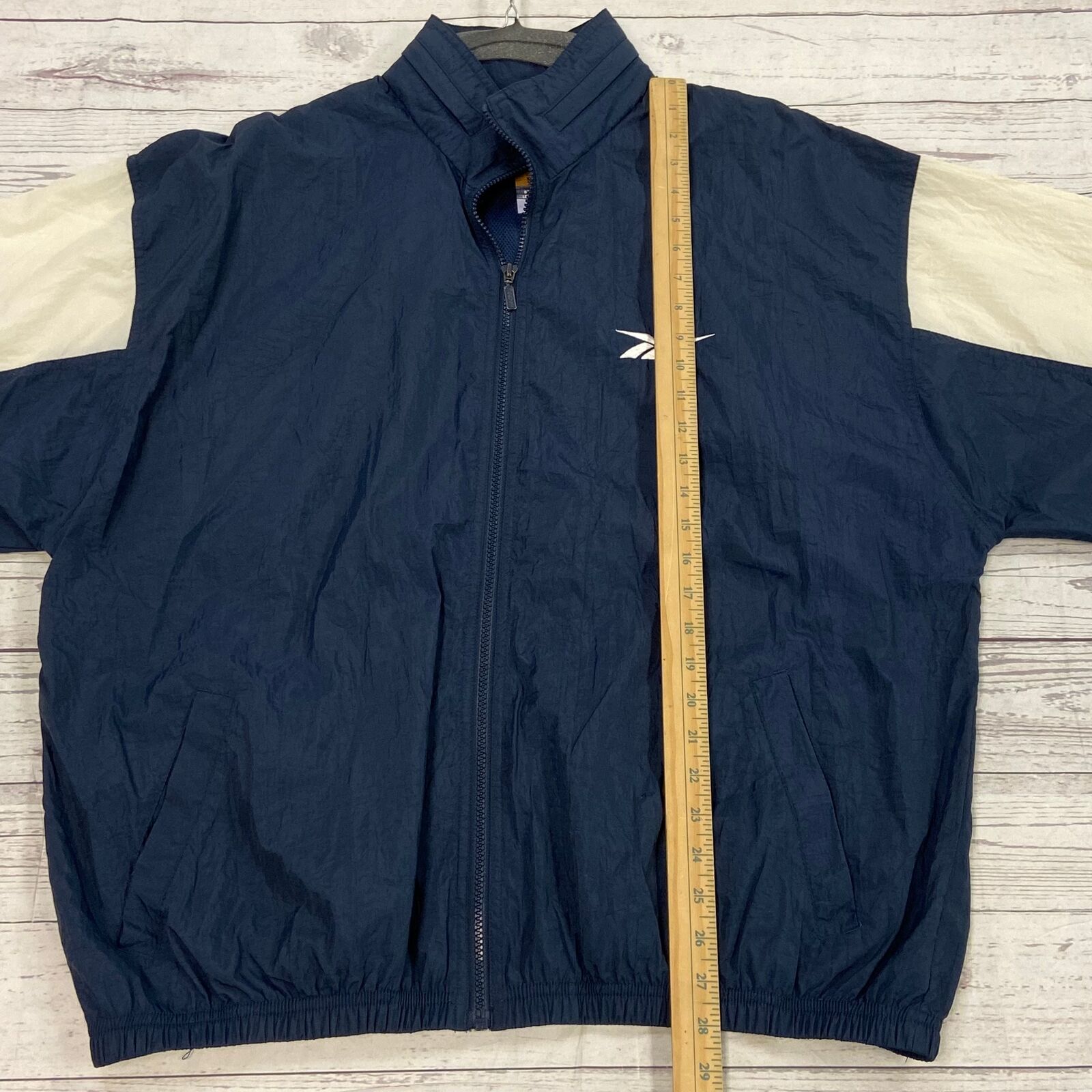 Vintage Reebok Navy Zip Up Track Jacket Pack Away Hood Back Vent