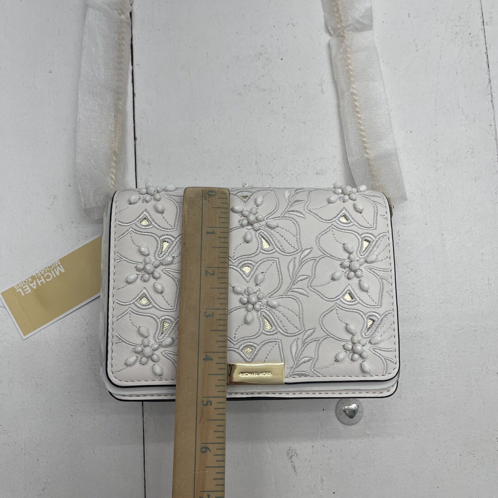 Michael Kors Jade Gusset Medium Clutch Crossbody White Embroidered