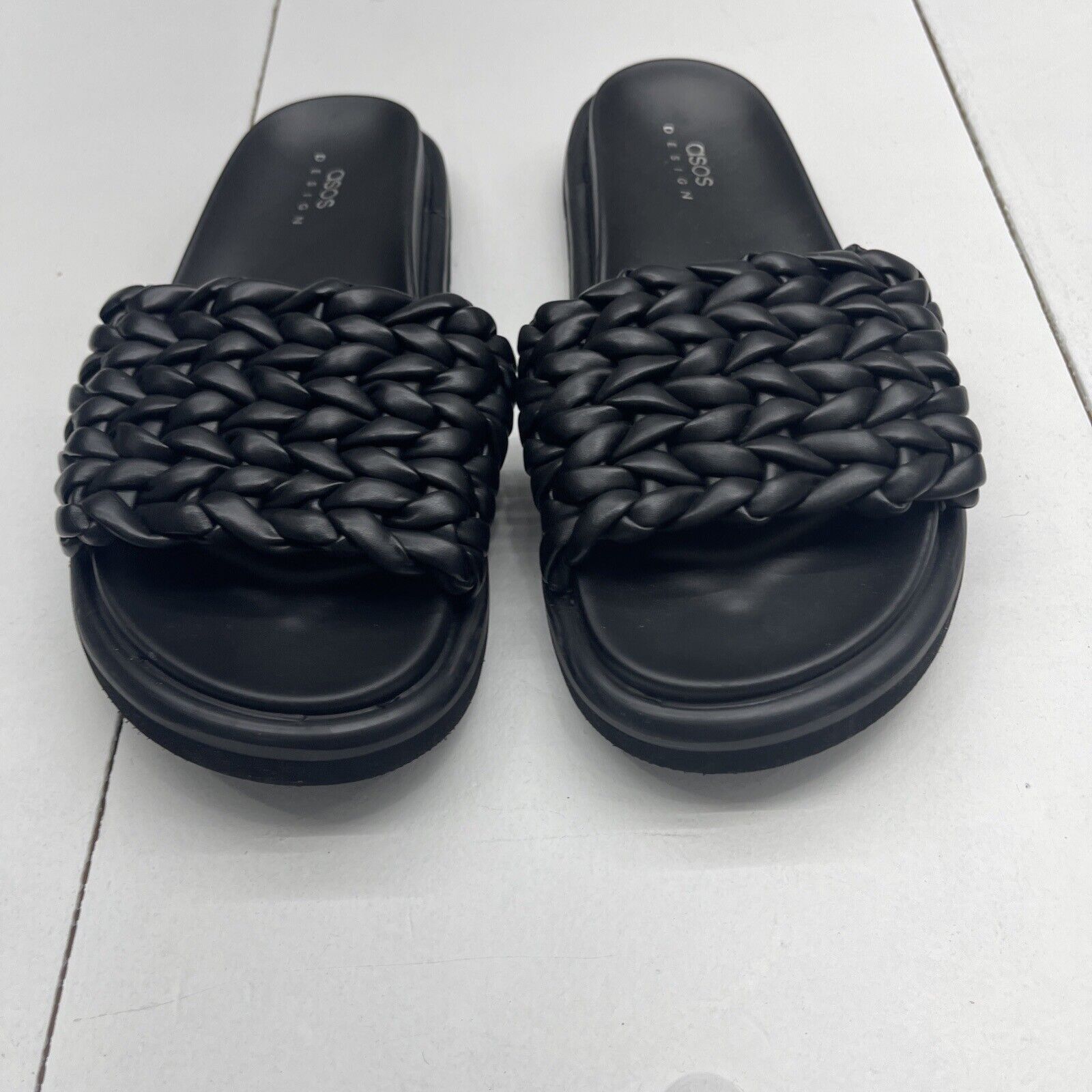 ASOS DESIGN Fraction woven covered flat sandals in black | ASOS