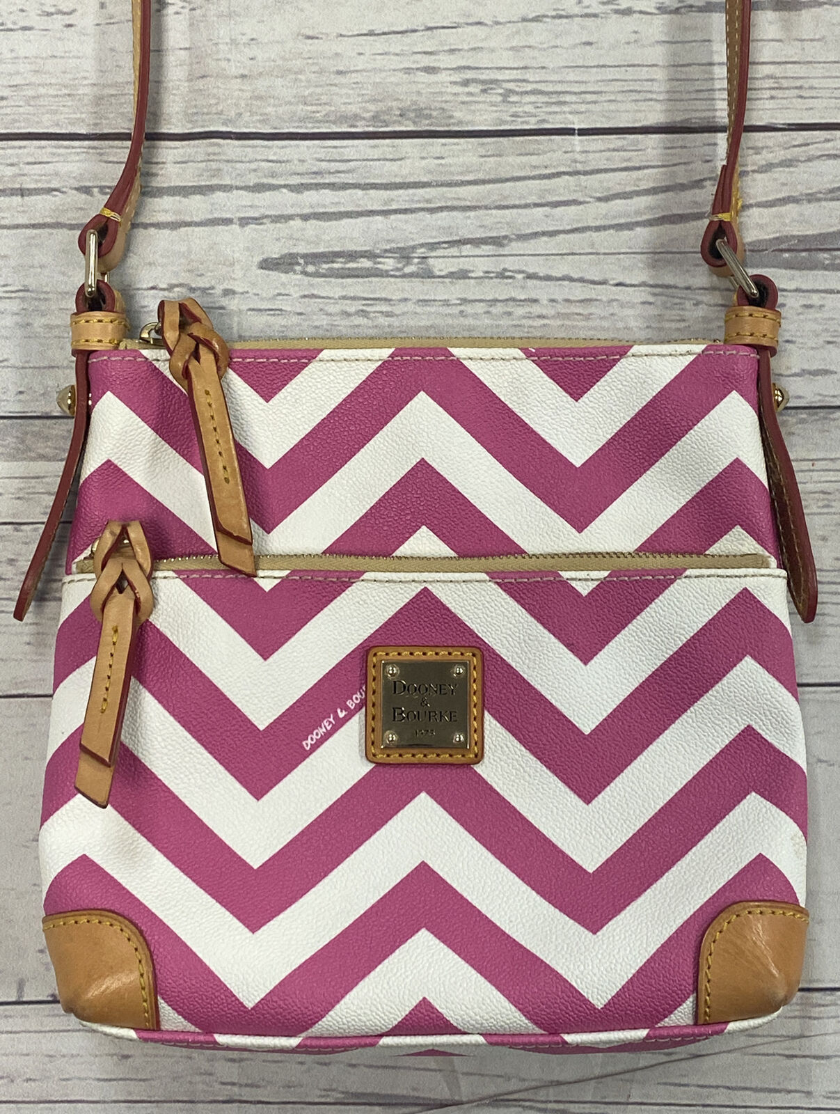 Dooney & Bourke Red and White Chevron Striped Leather Crossbody Shoulder Bag