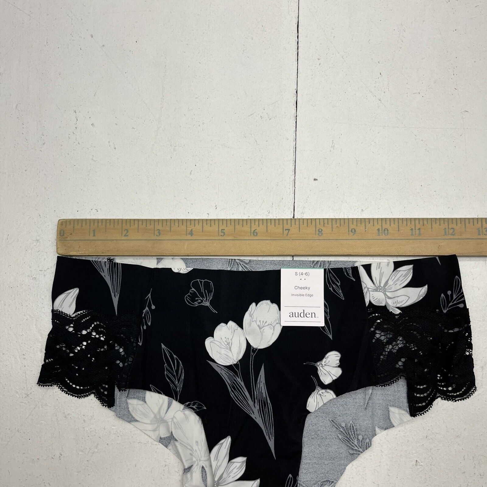 Auden Women's Size Small Black Cream Floral Print Thong Underwear Panties