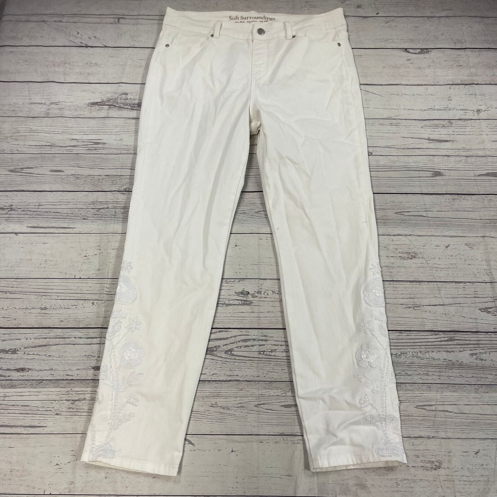 Soft Surroundings Alesia Fleur White Embroidered Straight Jeans