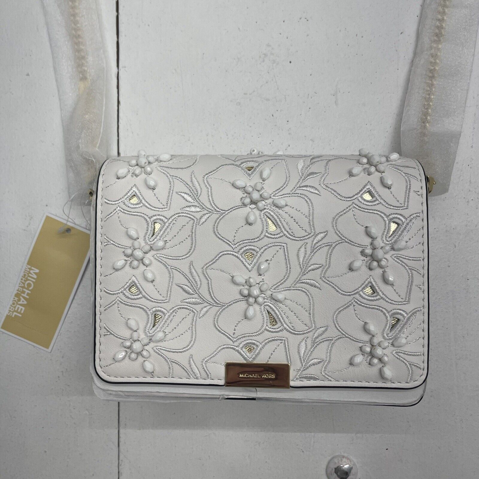 Michael Kors Jade Gusset Medium Clutch Crossbody White Embroidered