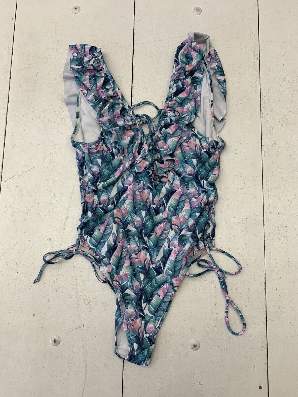 XOXO Womens Blue Pink Leaf Print One Piece Swim Suit Size Large