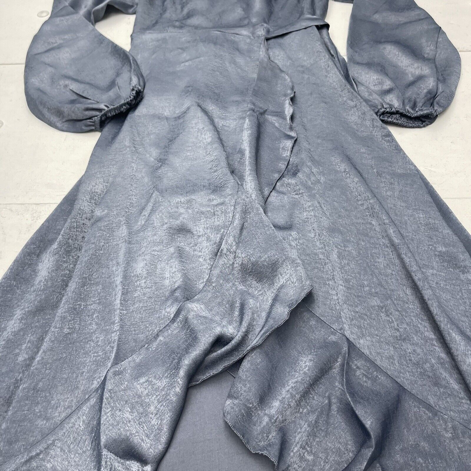 Flounce London Satin Long Sleeve Wrap Maxi Dress Charcoal Blue