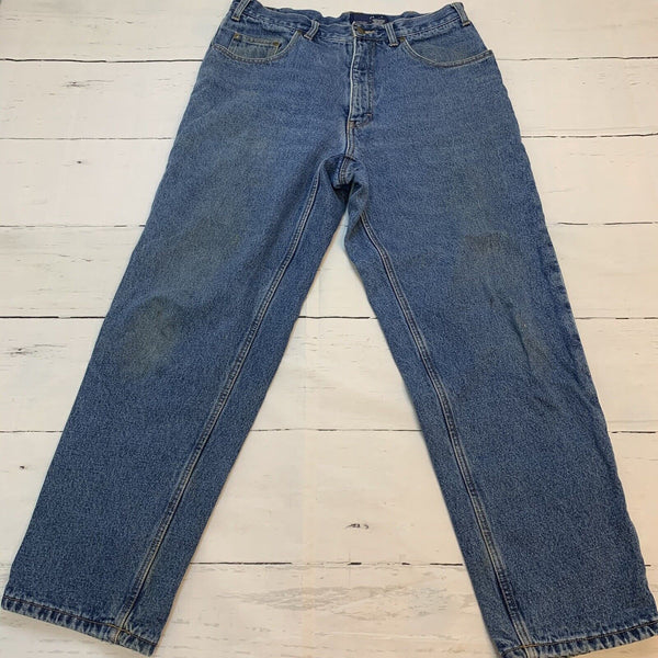 Eddie Bauer Fleece Lined Jeans Men 34x28 Blue Denim Plaid Regular